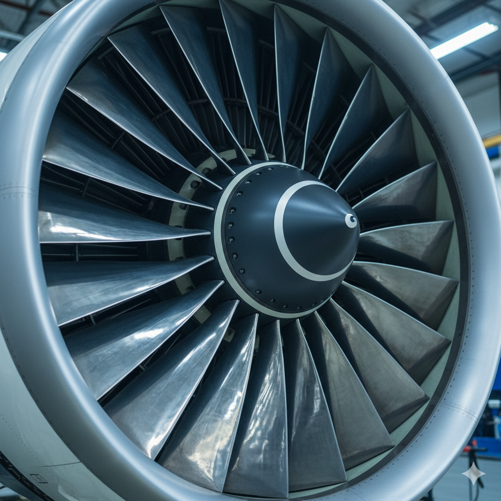 High detail macro photography of a massive modern turbofan jet engine, polished titanium blades reflecting cool blue industrial lighting, intricate mechanical engineering details.
